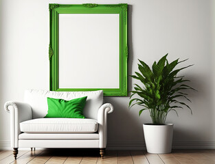 picture frame with a green copy space up near and in the living room. Generative AI