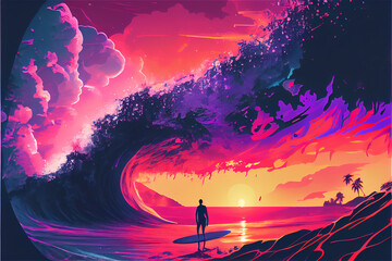 Fototapeta premium Aesthetic surf background cartoon style with sunrise colors, generative AI