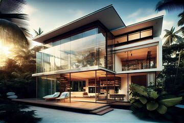 Contemporary glass building completely transparent in a beautiful tropical beach, generative AI