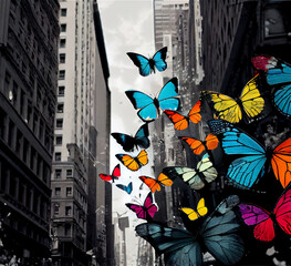 Drab black and white city with contrasting bright colored butterflies, generative AI