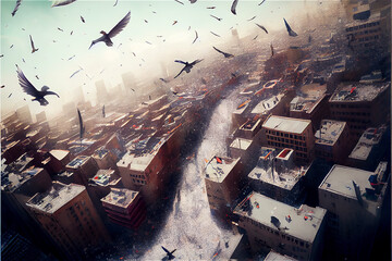 Flock of migrating birds flying high, above a big city, generative AI