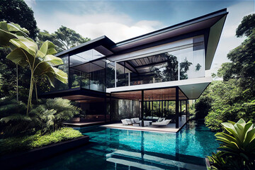 Contemporary glass building completely transparent with a huge pool surrounded by a tropical garden, generative AI