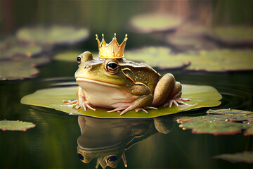 Frog wearing a crown on a lily pad in the middle of a pond, generative AI
