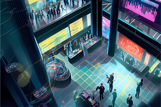Colorful illustration of a dynamic stock exchange with traders and brokers in action, generative AI