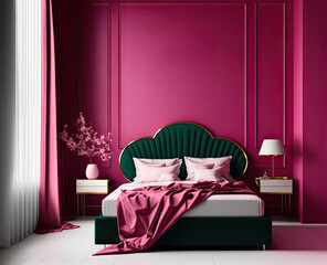 Viva magenta trendy color year 2023 in the premium bedroom. Painted mockup wall and velor furniture in pink rose tone. Mockup modern room design interior home. Accent modern style. Generative AI