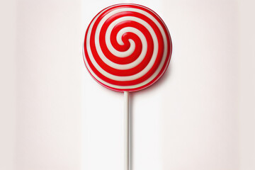 a stick mounted lolly on a white background. Red candy in the shape of a round on a white backdrop. Generative AI