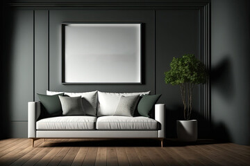 Front view on dark living room interior with sofa, empty white poster, grey wall, oak wooden hardwood floor, panoramic window, coffee table. Concept of minimalist design, art. Generative AI