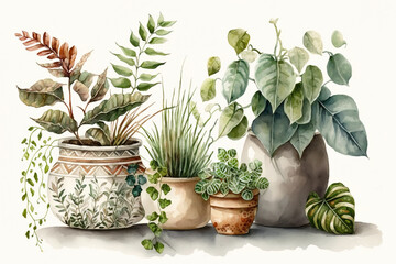 Watercolor plants cactus in pots. Digital illustration. AI Generative.