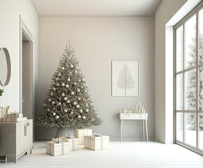 Fototapeta premium Light modern living room Christmas interior in Scandinavian style. Beautiful Christmas tree with gift boxes and lighting. Front view. Beige empty wall mockup. high quality illustration. Generative AI