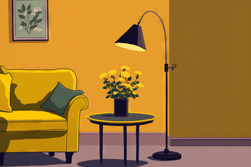 With a lamp, table, flower, and plant in a contemporary living room against a yellow wall as a backdrop. Generative AI