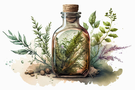 Watercolor bottle of oil with herbs and plants. Natural medicine on white background.