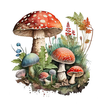 Fly agaric mushrooms in the grass watercolor composition. AI Generative