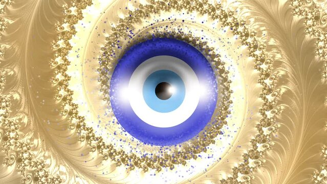 Evil Eye on Gold Fractal Pattern Background, Meditation Visualization, Animation, Video