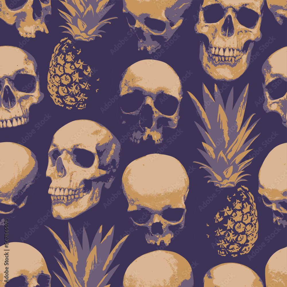 Poster seamless pattern with human skulls and pineapples . vector background with sinister smiling skulls. 