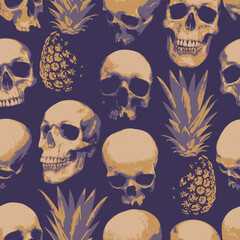 Seamless pattern with human skulls and pineapples . Vector background with sinister smiling skulls. Graphic print for clothes, fabric, wallpaper, wrapping paper