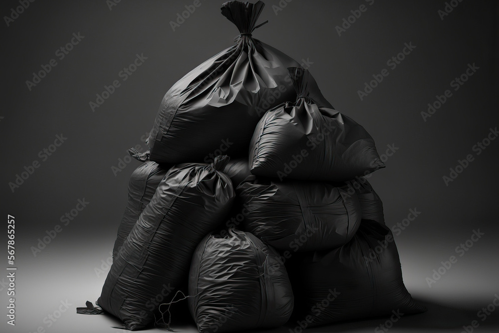 Poster a stack of garbage filled black plastic bags from a home. waiting for the garbage collector authorit