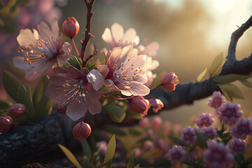 Spring blossom. Beautiful flowers blooming tree branch. Fresh spring branches of tree with flowers, natural floral seasonal easter background. Greenery springtime close up. Sunshine. Generative AI.	