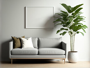 Mockup for a canvas frame photo in a tidy, simple interior with a sofa and a plant. Generative AI