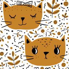 Seamless Vector Pattern with Cute Cat Faces and Floral Motifs - 567865649