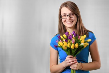 Happy young smart woman posing with flowers