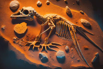 Dinosaur Fossil pterodactyl rex found by Archaeologists, top view. Generation AI
