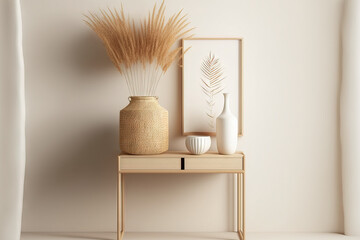 Minimalist Japandi style interior wall mockup on a warm white background with a light biege wooden console, dried pampas grass, and a wicker basket lamp. Detailed view,. Generative AI - obrazy, fototapety, plakaty