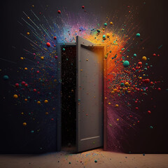 a black wall with an open door from which colorful balls fly out