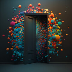 a black wall with an open door from which colorful balls fly out