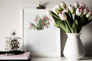 Decorated interior of a home. mockup of a light background with a white desk calendar and pink tulips in a vase. Generative AI