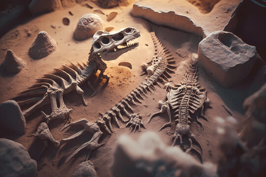 Paleontologist Cleaning Skeleton Dinosaur Tyrannosaurus, Top View. Archeologists Discover Fossil, Excavation Digging Site Concept. Generation AI