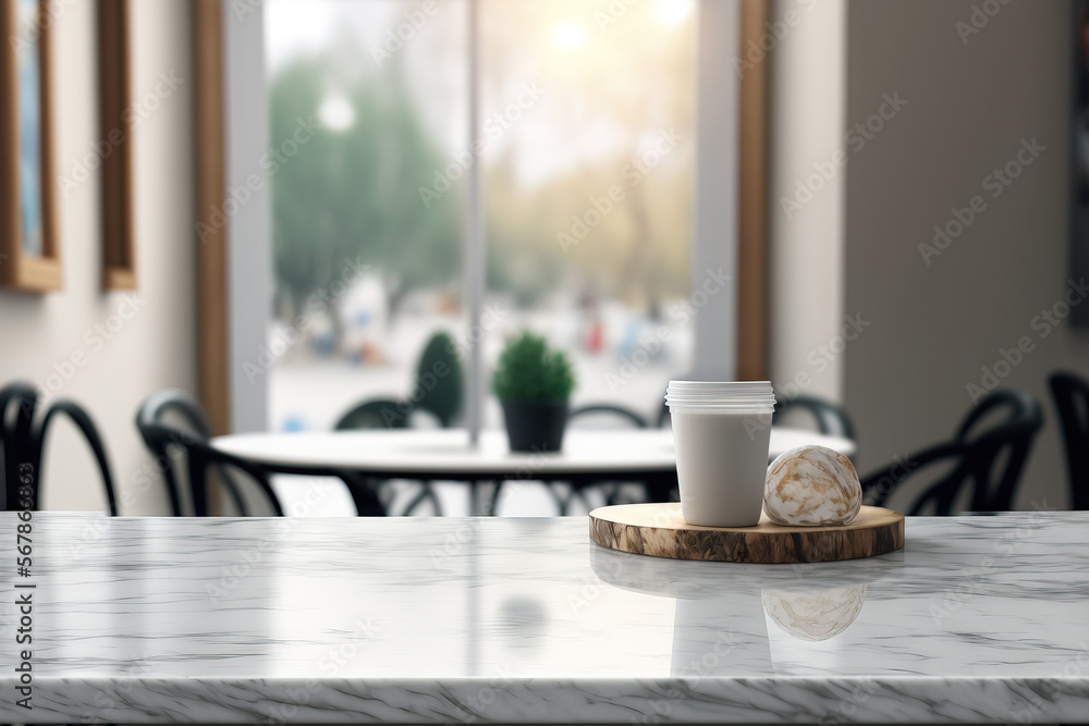 Poster banner mock up abstract background with empty white marble stone table top and blurred glass window 