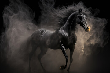 Obraz na płótnie Canvas Spanish black horse rearing in thin smoke. A horizontal photo with text space. Generative AI