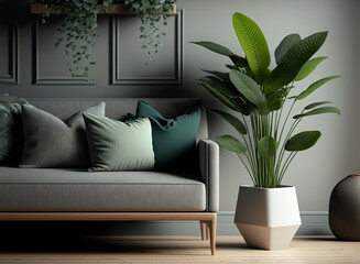Interior design of modern room with sofa, pillows, and plant. Generative AI