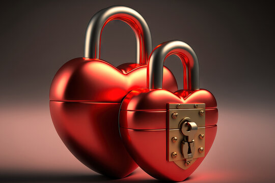Red padlocks in the form of hearts are locked together. Valentine's Day, love, anniversary, and fidelity concepts. Generative AI