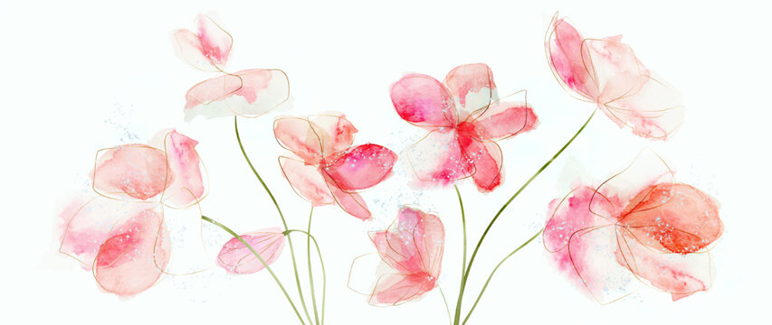 Watercolor art background with hand drawn pink flowers. Botanical ink banner for decor, print, textile, wallpaper, interior design.