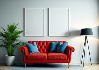 blank two frames mock up in modern living room interior with blue sofa, red chair and plant,. Generative AI