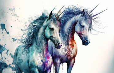 Obraz na płótnie Canvas I made these magical unicorns for you using Photoshop and actual horses. Generative AI