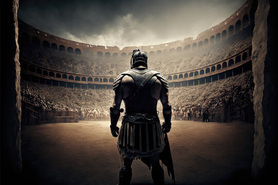 anchient roman gladiator entering the colosseum, created with generative ai technology