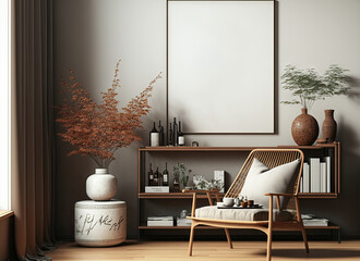 Elegant interior design from Korea with a living room that features a brown mock up poster frame, classy accents, flowers in vases, a wooden shelf, and hanging rattan decorations. minimalist design id