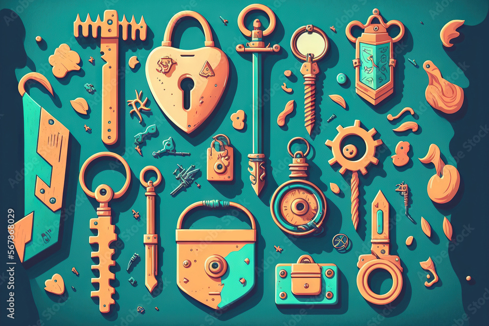 Poster vintage keys and padlocks overhead lay flat composition security concept. generative ai