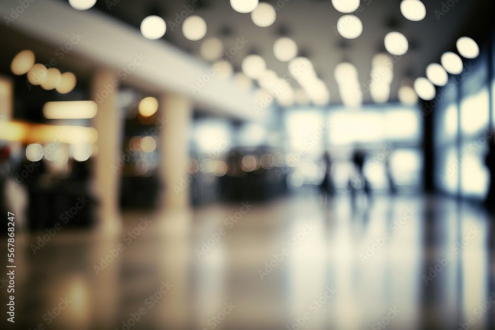 Poster background of a retail center in an abstract blur with light bokeh and flare. generative ai