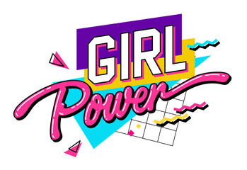 A lettering phrase with a bright and playful 90s style - Girl Power. Isolated vector typography design element with geometric shapes as the background. Web, fashion, print purposes - obrazy, fototapety, plakaty