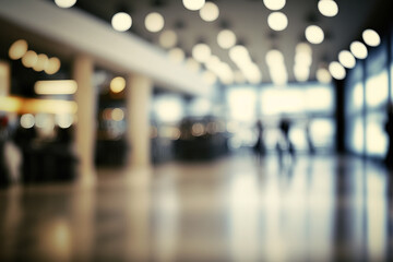 Background of a retail center in an abstract blur with light bokeh and flare. Generative AI