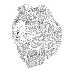 Coloring page with abstract tiger portrait. Doodle style. Antistress freehand sketch drawing with abstract elements. Black and white. Outline vector illustration.