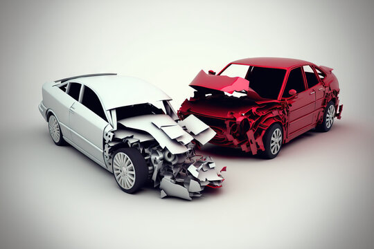 Car Mishap. Typical Automobile Overturned. A Crimson Coupè And A Silver Sedan Collided. White Background; Isolated. Generative AI