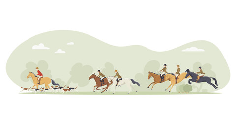Tradition fox hunting with horse riders english style on landscape