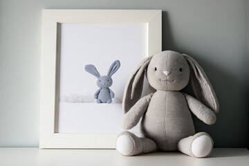 A picture frame and a plush bunny are on a table in the nursery. Room for text. Generative AI