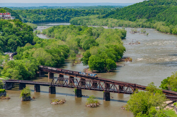 Obraz premium View of Train on Bridge from the Split Rock Overlook, Loudoun Heights West Virginia USA, Harpers Ferry, West Virginia