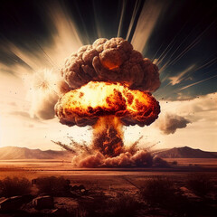 Explosion from a nuclear warhead during the war. Soil pollution, nuclear fallout, military conflict, dark colors, high resolution, illustrations, art. AI - obrazy, fototapety, plakaty