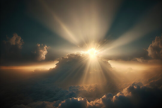 The sun's rays pass through the cloud cover. Heaven itself. Paradise. peace and serenity. Generative AI